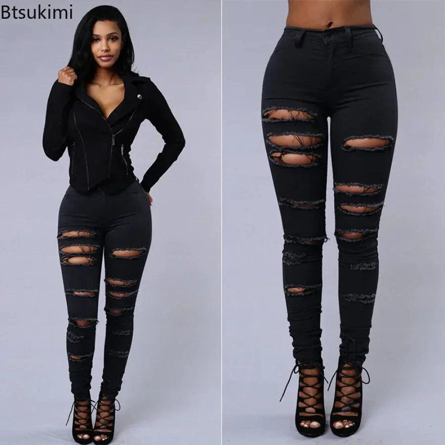 2026 Women's Stretch Skinny Ripped Hole Washed Denim Jeans Female High Waist Pencil Y2k Pants Jeans Ladies Casual Trousers Pants