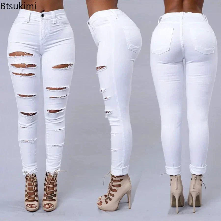 2026 Women's Stretch Skinny Ripped Hole Washed Denim Jeans Female High Waist Pencil Y2k Pants Jeans Ladies Casual Trousers Pants