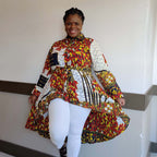 Kente African Print High Low Button up Shirt (White Red honey )