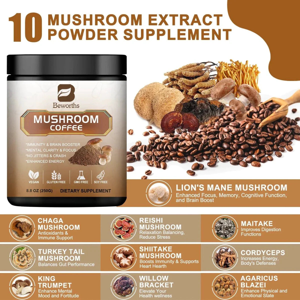 Mushroom Coffee - 10 Mushroom Extract Blend for Energy & Immunity