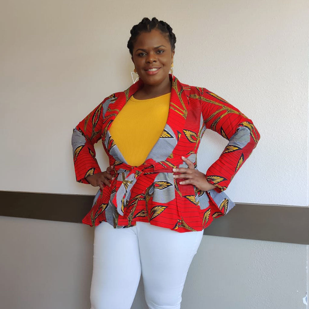 African Print  Long Sleeved Peplum Red Blouse